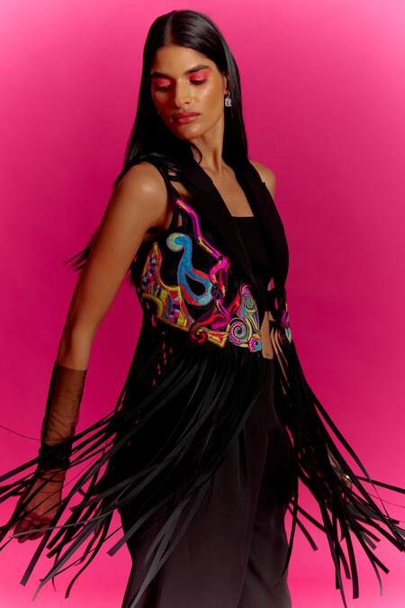 Mini Sondhi Black Crepe, Nylon Beads Collared Fringe Tasselled Jacket And Trouser Set at Aza Fashions Mini Sondhi_Black Crepe, Nylon Beads Collared Fringe Tasselled Jacket And Trouser Set _at_Aza_Fashions