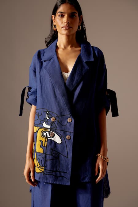 Mini Sondhi Blue Linen Embroidery, Applique Abstract Face Jacket With Trouser Online at Aza Fashions Mini Sondhi_Blue Linen Embroidery, Applique Abstract Face Jacket With Trouser _Online_at_Aza_Fashions