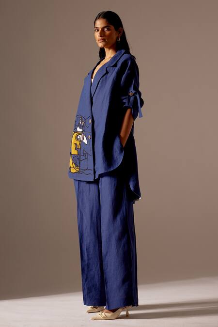 Buy Mini Sondhi Blue Linen Embroidery, Applique Abstract Face Jacket With Trouser Online at Aza Fashions Buy_Mini Sondhi_Blue Linen Embroidery, Applique Abstract Face Jacket With Trouser _Online_at_Aza_Fashions