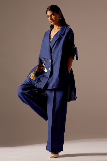 Mini Sondhi Blue Linen Embroidery, Applique Abstract Face Jacket With Trouser at Aza Fashions Mini Sondhi_Blue Linen Embroidery, Applique Abstract Face Jacket With Trouser _at_Aza_Fashions