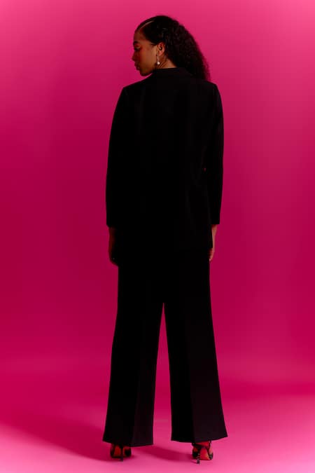 Shop Mini Sondhi Black Crepe Beads, Applique Collared Picasso Pattern Jacket With Trouser at Aza Fashions Shop_Mini Sondhi_Black Crepe Beads, Applique Collared Picasso Pattern Jacket With Trouser _at_Aza_Fashions