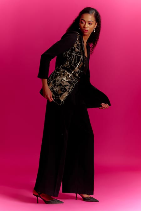 Buy Mini Sondhi Black Crepe Beads, Applique Collared Picasso Pattern Jacket With Trouser Online at Aza Fashions Buy_Mini Sondhi_Black Crepe Beads, Applique Collared Picasso Pattern Jacket With Trouser _Online_at_Aza_Fashions