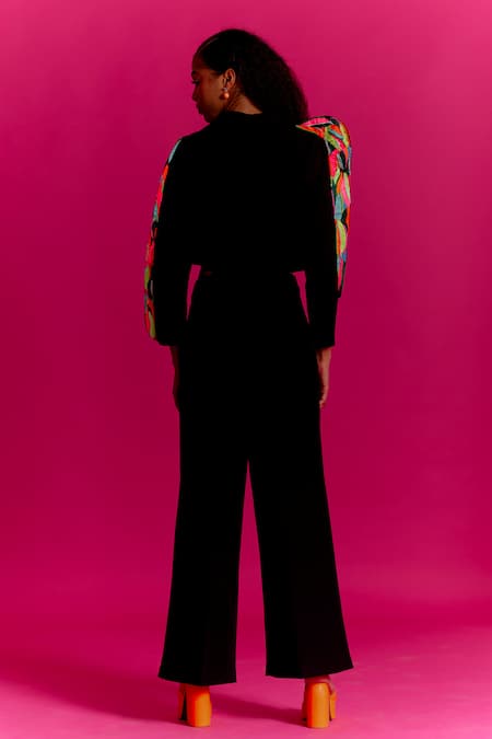 Shop Mini Sondhi Black Crepe Beads, Applique Collared Elevated Sleeve Jacket With Trouser at Aza Fashions Shop_Mini Sondhi_Black Crepe Beads, Applique Collared Elevated Sleeve Jacket With Trouser _at_Aza_Fashions