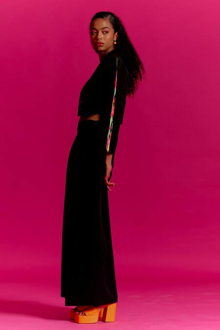 Buy Mini Sondhi Black Crepe Beads, Applique Collared Elevated Sleeve Jacket With Trouser Online at Aza Fashions Buy_Mini Sondhi_Black Crepe Beads, Applique Collared Elevated Sleeve Jacket With Trouser _Online_at_Aza_Fashions