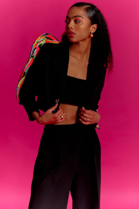 Mini Sondhi Black Crepe Beads, Applique Collared Elevated Sleeve Jacket With Trouser at Aza Fashions Mini Sondhi_Black Crepe Beads, Applique Collared Elevated Sleeve Jacket With Trouser _at_Aza_Fashions