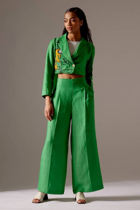 Mini Sondhi Green Linen Applique Collared Embroidered Jacket And Trouser Set Online at Aza Fashions Mini Sondhi_Green Linen Applique Collared Embroidered Jacket And Trouser Set _Online_at_Aza_Fashions