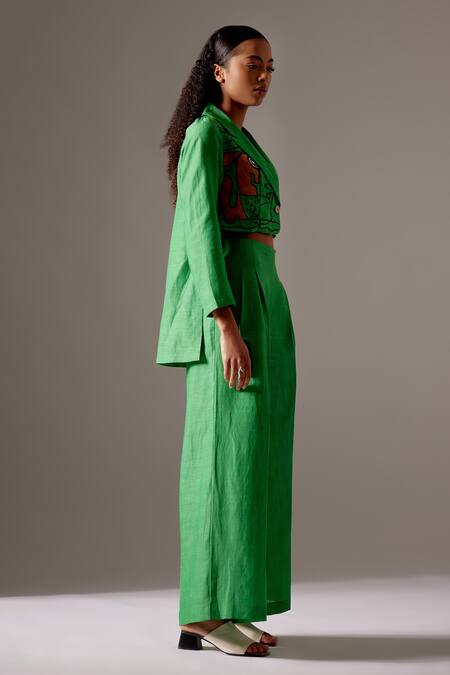 Shop Mini Sondhi Green Linen Applique Collared Embroidered Jacket And Trouser Set Online at Aza Fashions Shop_Mini Sondhi_Green Linen Applique Collared Embroidered Jacket And Trouser Set _Online_at_Aza_Fashions