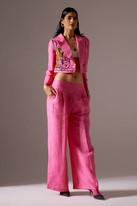 Mini Sondhi Pink Linen Embroidery Collared Jacket And Trouser Set Online at Aza Fashions Mini Sondhi_Pink Linen Embroidery Collared Jacket And Trouser Set _Online_at_Aza_Fashions