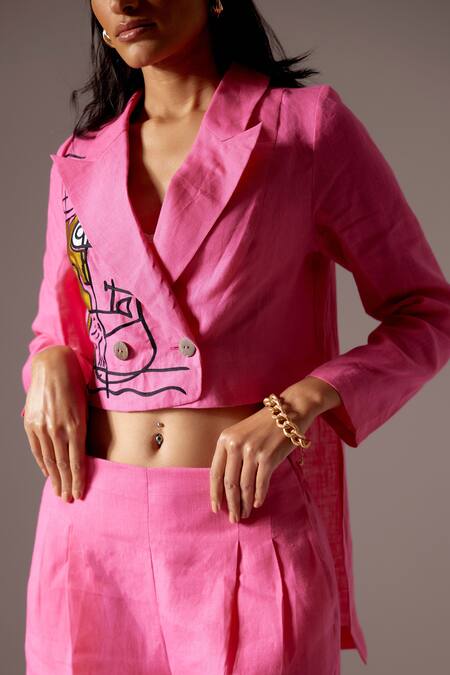 Buy Mini Sondhi Pink Linen Embroidery Collared Jacket And Trouser Set Online at Aza Fashions Buy_Mini Sondhi_Pink Linen Embroidery Collared Jacket And Trouser Set _Online_at_Aza_Fashions