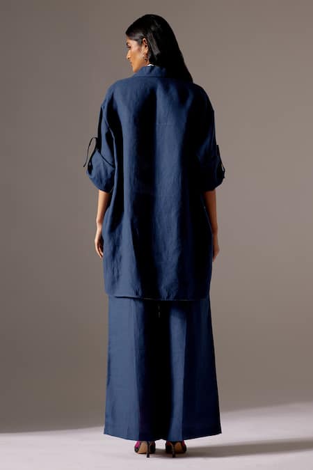 Shop Mini Sondhi Blue Linen Embroidery Collared Hand Jacket And Pant Set at Aza Fashions Shop_Mini Sondhi_Blue Linen Embroidery Collared Hand Jacket And Pant Set _at_Aza_Fashions