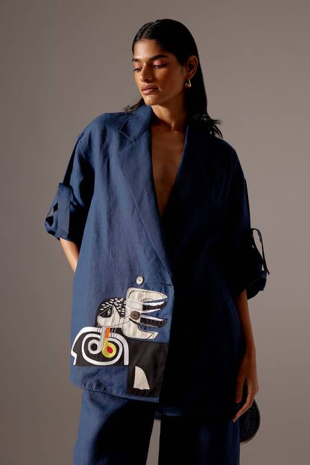 Mini Sondhi Blue Linen Embroidery Collared Hand Jacket And Pant Set Online at Aza Fashions Mini Sondhi_Blue Linen Embroidery Collared Hand Jacket And Pant Set _Online_at_Aza_Fashions