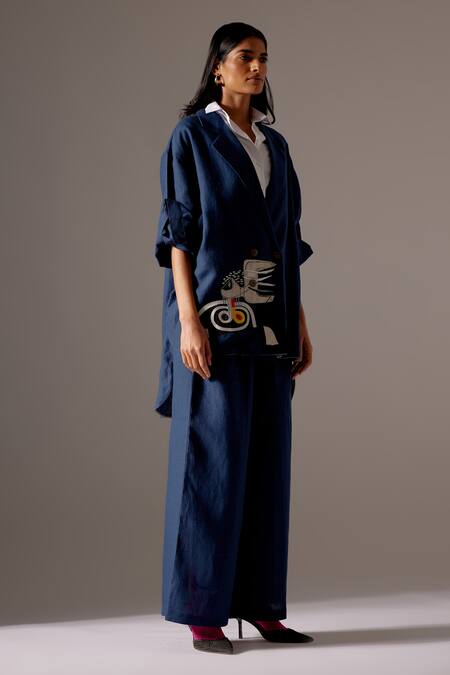 Buy Mini Sondhi Blue Linen Embroidery Collared Hand Jacket And Pant Set Online at Aza Fashions Buy_Mini Sondhi_Blue Linen Embroidery Collared Hand Jacket And Pant Set _Online_at_Aza_Fashions