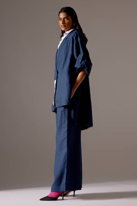 Shop Mini Sondhi Blue Linen Embroidery Collared Hand Jacket And Pant Set Online at Aza Fashions Shop_Mini Sondhi_Blue Linen Embroidery Collared Hand Jacket And Pant Set _Online_at_Aza_Fashions