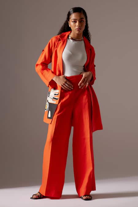 QED London 2 piece wide leg trousers and crop top set in orange floral   ASOS