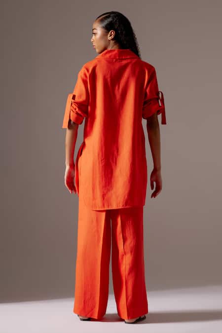 Shop Mini Sondhi Orange Linen Embroidery Hand Blazer And Trouser Set at Aza Fashions Shop_Mini Sondhi_Orange Linen Embroidery Hand Blazer And Trouser Set _at_Aza_Fashions