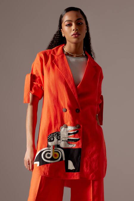 Mini Sondhi Orange Linen Embroidery Hand Blazer And Trouser Set Online at Aza Fashions Mini Sondhi_Orange Linen Embroidery Hand Blazer And Trouser Set _Online_at_Aza_Fashions