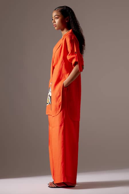 Buy Mini Sondhi Orange Linen Embroidery Hand Blazer And Trouser Set Online at Aza Fashions Buy_Mini Sondhi_Orange Linen Embroidery Hand Blazer And Trouser Set _Online_at_Aza_Fashions