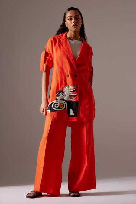 Shop Mini Sondhi Orange Linen Embroidery Hand Blazer And Trouser Set Online at Aza Fashions Shop_Mini Sondhi_Orange Linen Embroidery Hand Blazer And Trouser Set _Online_at_Aza_Fashions