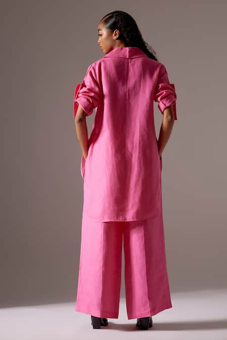 Shop Mini Sondhi Pink Linen Embroidery Blazer And Trouser Set at Aza Fashions Shop_Mini Sondhi_Pink Linen Embroidery Blazer And Trouser Set _at_Aza_Fashions