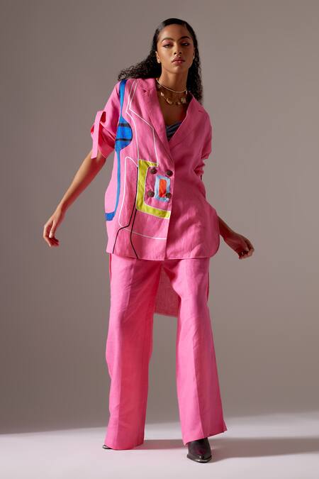 Mini Sondhi Pink Linen Embroidery Blazer And Trouser Set Online at Aza Fashions Mini Sondhi_Pink Linen Embroidery Blazer And Trouser Set _Online_at_Aza_Fashions