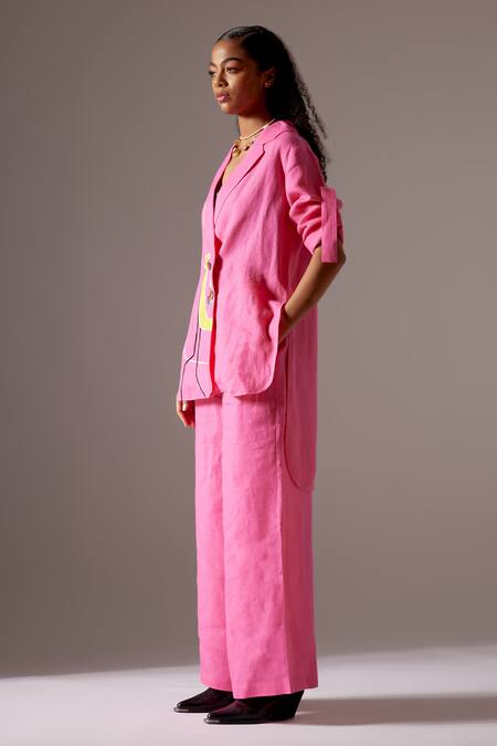Buy Mini Sondhi Pink Linen Embroidery Blazer And Trouser Set Online at Aza Fashions Buy_Mini Sondhi_Pink Linen Embroidery Blazer And Trouser Set _Online_at_Aza_Fashions