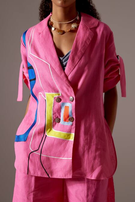 Shop Mini Sondhi Pink Linen Embroidery Blazer And Trouser Set Online at Aza Fashions Shop_Mini Sondhi_Pink Linen Embroidery Blazer And Trouser Set _Online_at_Aza_Fashions