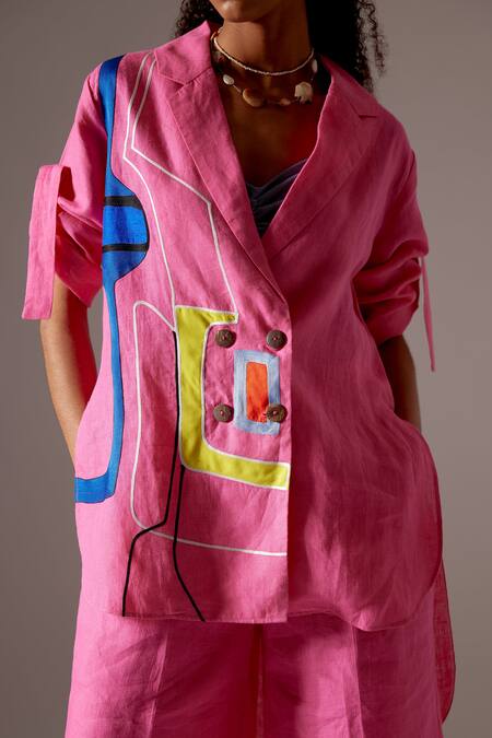 Mini Sondhi Pink Linen Embroidery Blazer And Trouser Set at Aza Fashions Mini Sondhi_Pink Linen Embroidery Blazer And Trouser Set _at_Aza_Fashions