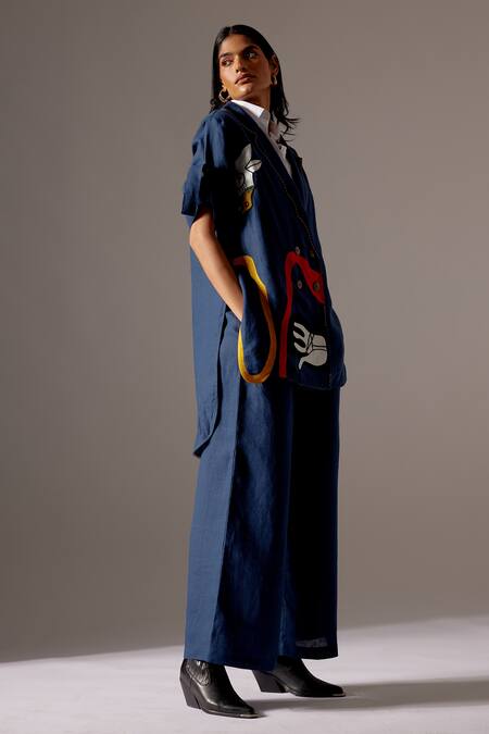 Mini Sondhi Blue Linen Embroidery, Applique Blazer And Trouser Set Online at Aza Fashions Mini Sondhi_Blue Linen Embroidery, Applique Blazer And Trouser Set _Online_at_Aza_Fashions