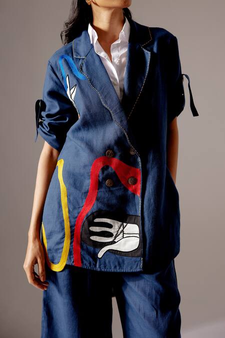 Buy Mini Sondhi Blue Linen Embroidery, Applique Blazer And Trouser Set Online at Aza Fashions Buy_Mini Sondhi_Blue Linen Embroidery, Applique Blazer And Trouser Set _Online_at_Aza_Fashions