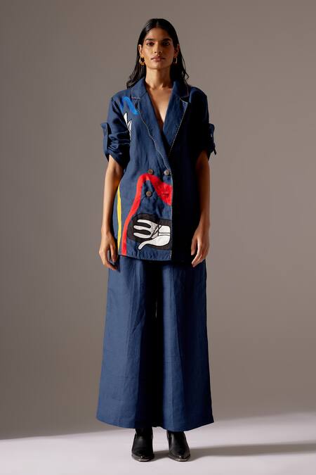 Shop Mini Sondhi Blue Linen Embroidery, Applique Blazer And Trouser Set Online at Aza Fashions Shop_Mini Sondhi_Blue Linen Embroidery, Applique Blazer And Trouser Set _Online_at_Aza_Fashions