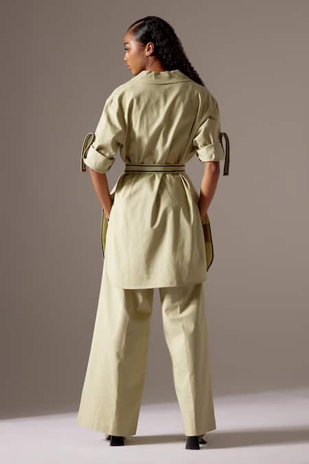 Shop Mini Sondhi Green Linen Embroidery Collared Hand Jacket And Trouser Set at Aza Fashions Shop_Mini Sondhi_Green Linen Embroidery Collared Hand Jacket And Trouser Set _at_Aza_Fashions