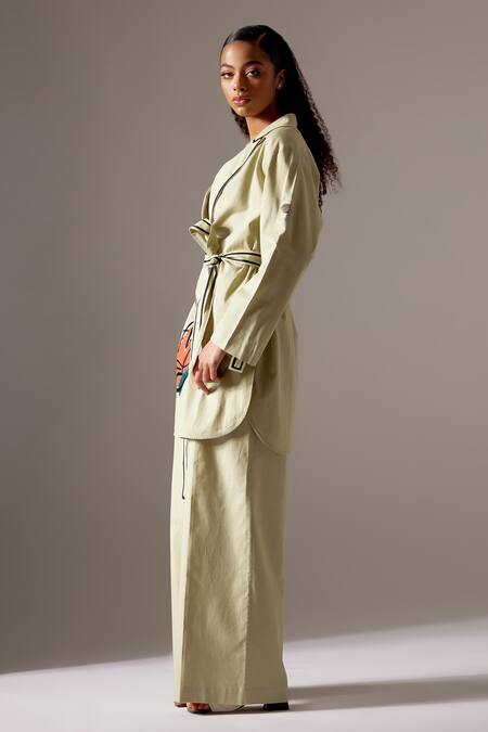 Buy Mini Sondhi Green Linen Embroidery Collared Hand Jacket And Trouser Set Online at Aza Fashions Buy_Mini Sondhi_Green Linen Embroidery Collared Hand Jacket And Trouser Set _Online_at_Aza_Fashions