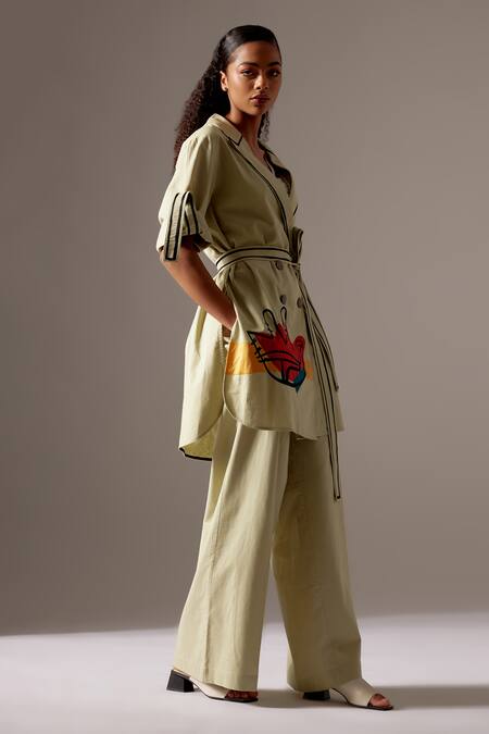 Shop Mini Sondhi Green Linen Embroidery Collared Hand Jacket And Trouser Set Online at Aza Fashions Shop_Mini Sondhi_Green Linen Embroidery Collared Hand Jacket And Trouser Set _Online_at_Aza_Fashions