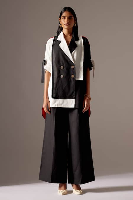Mini Sondhi Black Linen Color Blocked Lapel Collar Jacket And Trouser Set 