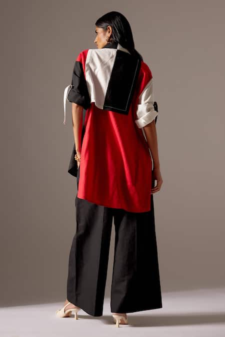 Shop Mini Sondhi Black Linen Collared Color Blocked Jacket And Trouser Set at Aza Fashions Shop_Mini Sondhi_Black Linen Collared Color Blocked Jacket And Trouser Set _at_Aza_Fashions