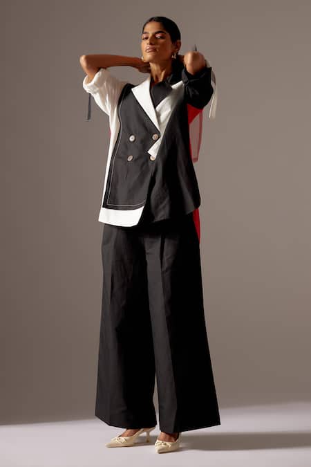 Mini Sondhi Black Linen Collared Color Blocked Jacket And Trouser Set Online at Aza Fashions Mini Sondhi_Black Linen Collared Color Blocked Jacket And Trouser Set _Online_at_Aza_Fashions