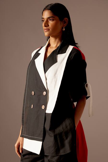 Mini Sondhi Black Linen Collared Color Blocked Jacket And Trouser Set at Aza Fashions Mini Sondhi_Black Linen Collared Color Blocked Jacket And Trouser Set _at_Aza_Fashions