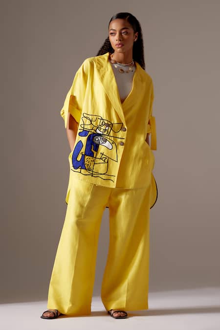 Mini Sondhi Yellow Linen Embroidery Aari Blazer And Trouser Set Online at Aza Fashions Mini Sondhi_Yellow Linen Embroidery Aari Blazer And Trouser Set _Online_at_Aza_Fashions