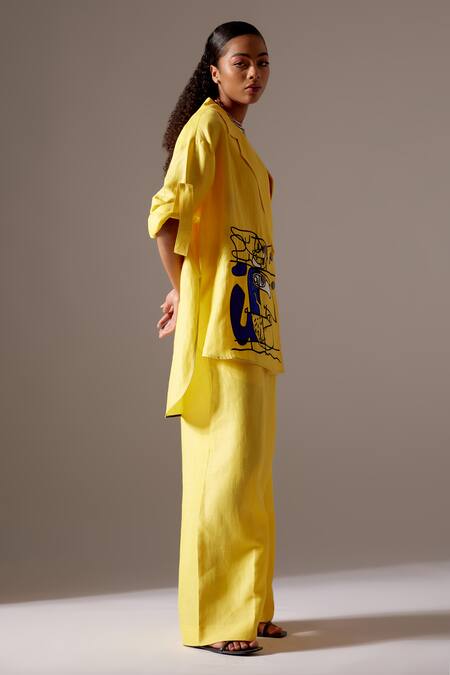 Mini Sondhi Yellow Linen Embroidery Aari Blazer And Trouser Set at Aza Fashions Mini Sondhi_Yellow Linen Embroidery Aari Blazer And Trouser Set _at_Aza_Fashions