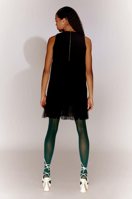 Shop Mini Sondhi Black Crepe Beads, Fringe Round Neck Applique Embroidered Paint Stain Dress at Aza Fashions Shop_Mini Sondhi_Black Crepe Beads, Fringe Round Neck Applique Embroidered Paint Stain Dress _at_Aza_Fashions