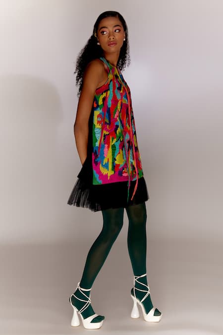 Mini Sondhi Black Crepe Beads, Fringe Round Neck Applique Embroidered Paint Stain Dress Online at Aza Fashions Mini Sondhi_Black Crepe Beads, Fringe Round Neck Applique Embroidered Paint Stain Dress _Online_at_Aza_Fashions