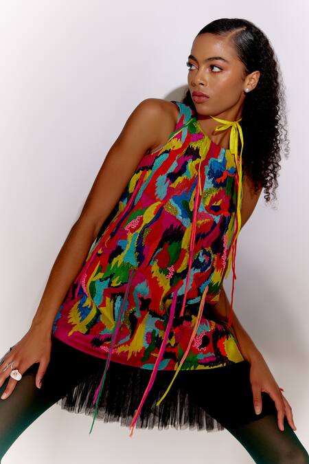 Buy Mini Sondhi Black Crepe Beads, Fringe Round Neck Applique Embroidered Paint Stain Dress Online at Aza Fashions Buy_Mini Sondhi_Black Crepe Beads, Fringe Round Neck Applique Embroidered Paint Stain Dress _Online_at_Aza_Fashions