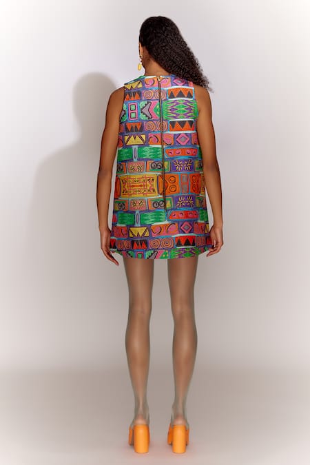 Shop Mini Sondhi Multi Color Viscose, Silk Embroidery Round Neck Printed And Dress at Aza Fashions Shop_Mini Sondhi_Multi Color Viscose, Silk Embroidery Round Neck Printed And Dress _at_Aza_Fashions