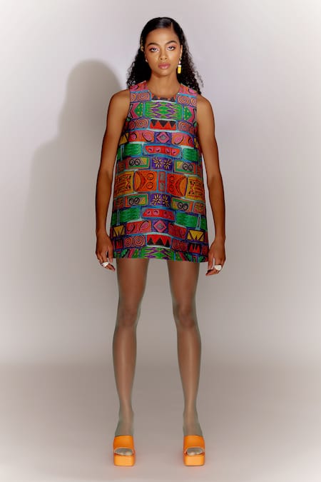 Mini Sondhi Multi Color Viscose, Silk Embroidery Round Neck Printed And Dress Online at Aza Fashions Mini Sondhi_Multi Color Viscose, Silk Embroidery Round Neck Printed And Dress _Online_at_Aza_Fashions