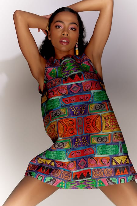 Buy Mini Sondhi Multi Color Viscose, Silk Embroidery Round Neck Printed And Dress Online at Aza Fashions Buy_Mini Sondhi_Multi Color Viscose, Silk Embroidery Round Neck Printed And Dress _Online_at_Aza_Fashions