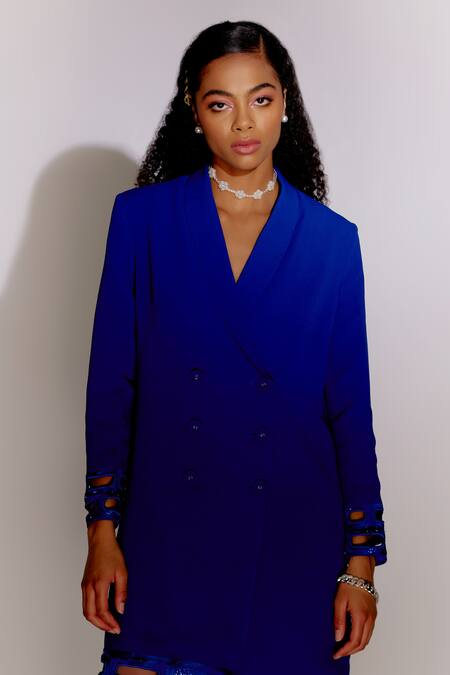 Mini Sondhi_Blue Snake Crepe Embroidered Aari Shawl Lapel Cuff Jacket Dress _Online_at_Aza_Fashions