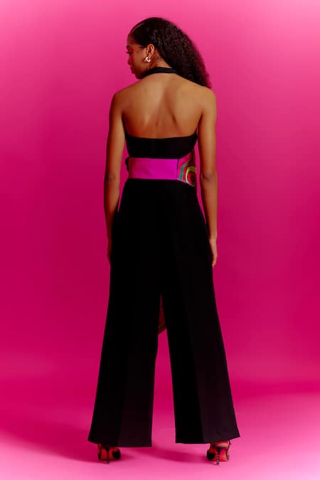 Shop Mini Sondhi Black Crepe Applique, Beads V-neck Trouser Set With Embroidered Drape at Aza Fashions Shop_Mini Sondhi_Black Crepe Applique, Beads V-neck Trouser Set With Embroidered Drape _at_Aza_Fashions