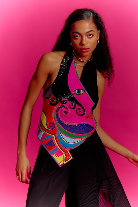 Mini Sondhi Black Crepe Applique, Beads V-neck Trouser Set With Embroidered Drape Online at Aza Fashions Mini Sondhi_Black Crepe Applique, Beads V-neck Trouser Set With Embroidered Drape _Online_at_Aza_Fashions