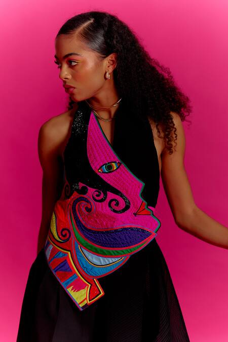 Buy Mini Sondhi Black Crepe Applique, Beads V-neck Trouser Set With Embroidered Drape Online at Aza Fashions Buy_Mini Sondhi_Black Crepe Applique, Beads V-neck Trouser Set With Embroidered Drape _Online_at_Aza_Fashions