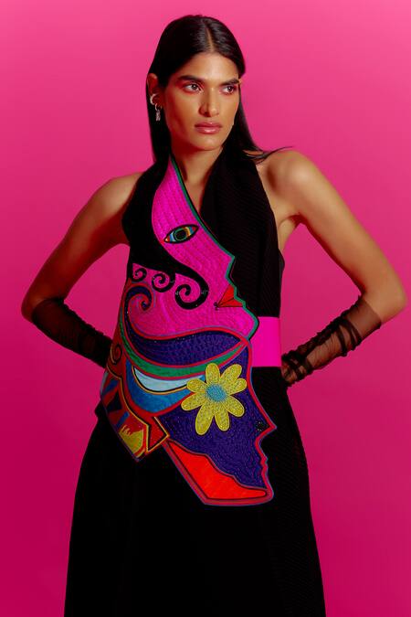 Mini Sondhi Black Crepe Applique, Beads V-neck Trouser Set With Embroidered Drape Online at Aza Fashions Mini Sondhi_Black Crepe Applique, Beads V-neck Trouser Set With Embroidered Drape _Online_at_Aza_Fashions